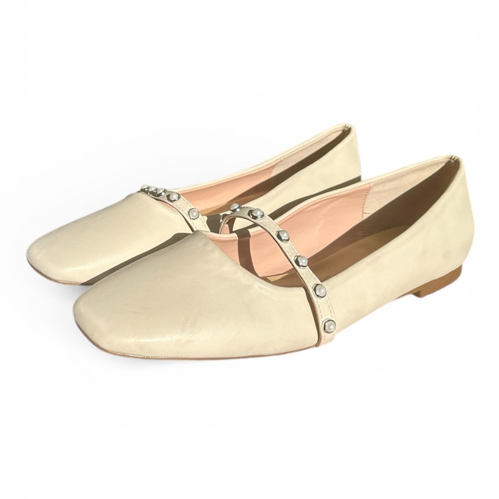 C Paravano Cream Women's Mary Jane Flats with Pearl Straps